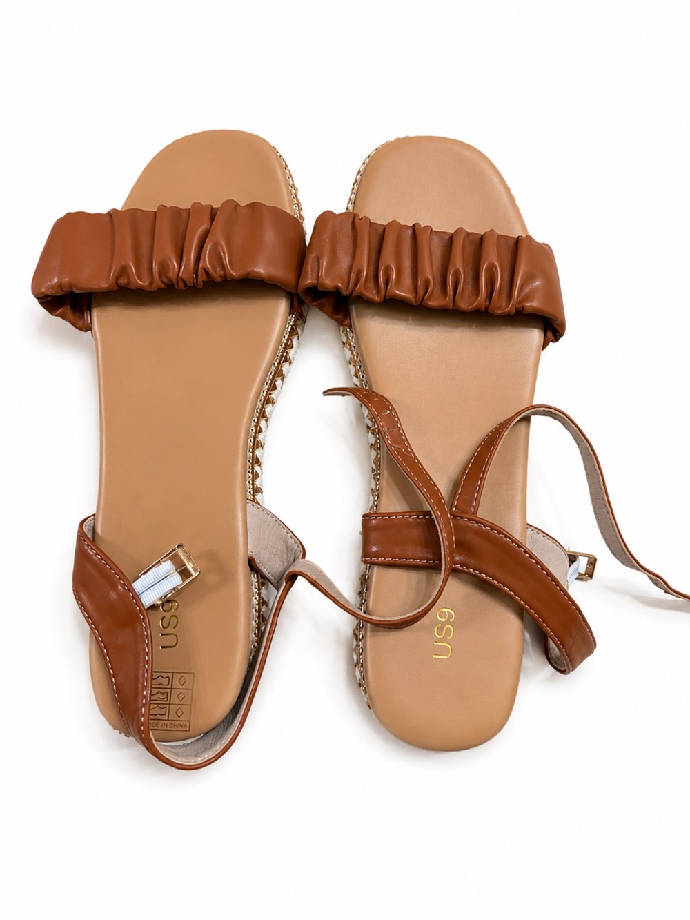 Brown Ruched Strap Flat Sandals with Ankle Tie